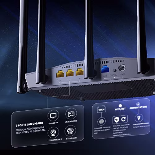 Tenda RX2 Pro AX1500 Router Wi-Fi 6 Dual Band Gigabit, 1201Mbps/5GHz e 300Mbps/2.4GHz, 4 Porte Gigabit, 5x6dBi Antenne, Beamforming/MU-MIMO/WPA3