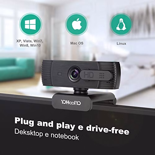 YOHOOLYO Webcam per PC con Microfono, 1080P Full HD USB 2.0 Webcam con Autofocus, con Sportellino per la Privacy, Videocamera per Chat, Video e Registrazione, Compatibile con Windows e Mac