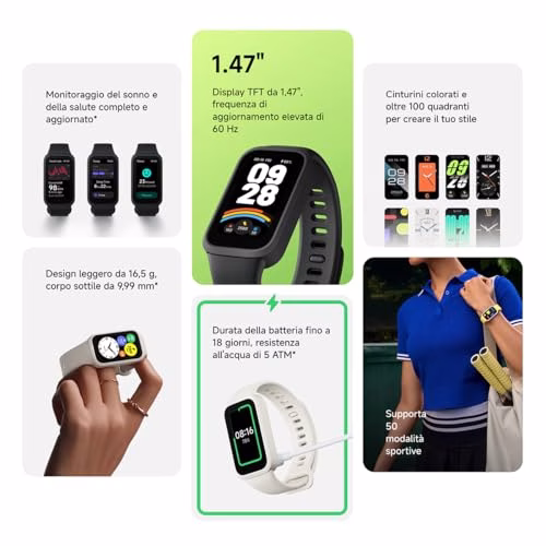 Xiaomi Smart Band 9 Active, Schermo TFT 1.47", Monitoraggio Salute: SpO2, Frequenza Cardiaca, Sonno e Stress, 50 modalità sportive, Resistenza Acqua 5 ATM, Durata Batteria 18 giorni, Nero
