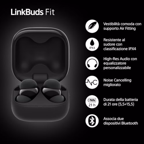 Sony LinkBuds Fit - Cuffie True Wireless Bluetooth con Noise Cancelling - Comfort a lungo, IPX4, High-Res Audio, modalità Ambient Sound, batteria fino a 21 ore, Multipoint, iOS e Android - Black