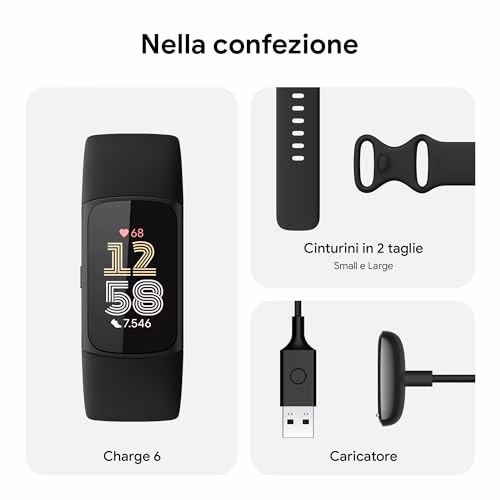 Fitbit by Google Charge 6 Activity tracker con abbonamento Premium di 6 mesi incluso, 7 giorni di durata della batteria, Google Wallet e Google Maps - Ossidiana / Alluminio nero