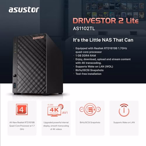 Asustor Drivestor 2 Lite AS1102TL, 2 bay NAS enclosure di rete, 1,7 GHz, Quad Core, 1 GbE, 1 GB RAM DDR4, Network Attached Storage per archiviazione cloud (Diskless)