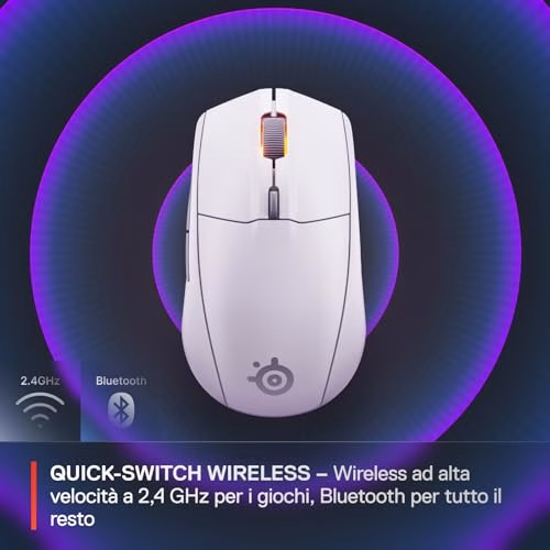 SteelSeries Rival 3 Wireless Gen 2 - Mouse Gaming - 2,4 GHz e Bluetooth - Sensore ottico TrueMove Air da 18000 DPI - Durata 60 milioni di clic - Leggero - Piedini 100% PTFE - Bianco