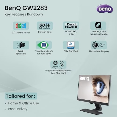 BenQ GW2283, 21.5", IPS, HDMI, 1080p, FlickerFree, Low Blue Light, Brightness Intelligence