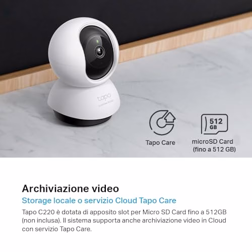 Tapo C220 Telecamera Wi-Fi Interno 2K 4MP QHD, Videocamera Sorveglianza, 360º Horizontal, Panoramica e iInclinazione, Visione Notturna, MicroSD fino a 512GB, Alexa, Google Assistant