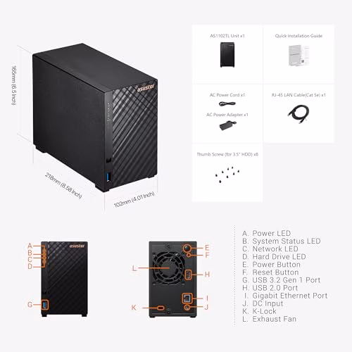 Asustor Drivestor 2 Lite AS1102TL, 2 bay NAS enclosure di rete, 1,7 GHz, Quad Core, 1 GbE, 1 GB RAM DDR4, Network Attached Storage per archiviazione cloud (Diskless)