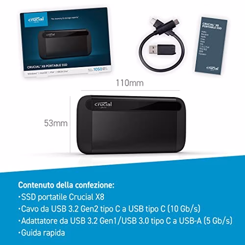 Crucial X8 1TB Portatile SSD, Fino a 1050MB/s, USB 3.2, Unità a Stato Solido Esterno, USB-C, USB-A, Nero, CT1000X8SSD9