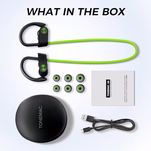 TONEMAC U8 Cuffie Bluetooth Sport,Auricolari Bluetooth con Filo,Cuffie Sportive Bluetooth 5.3 con Microfono,Cuffie Running Bluetooth in Ear con Filo,15 Ore di Ascolto,IPX7,per Jogging,Palestra,Verde