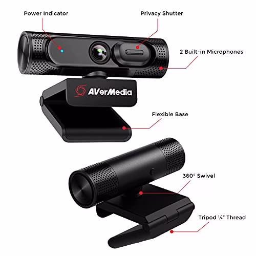 AVerMedia PW315 Webcam, 1080p/60fps Video chat e registrazione, pannello di copertura, porta USB, messa a fuoco fissa, ampio campo visivo regolabile, funziona con Skype, Zoom, squadre - Nero (PW315)