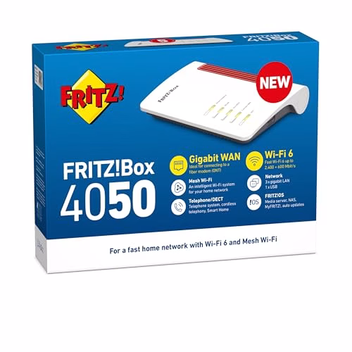 FRITZ!Box 4050, Router Wi-Fi 6 Dual Band fino a 3.000 Mbit/S, per Modem Operatore e ONT, 1x Wan Gb, 3X Lan Gb, 1X Usb, Access Point, Mesh, DECT, Media Server, VPN, VOIP