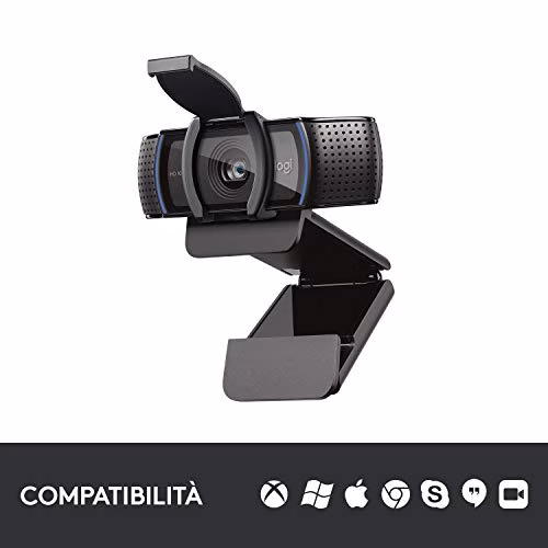 Logitech C920S HD Pro Webcam, Videochiamata Full HD 1080p/30fps, Audio Stereo ‎Chiaro, ‎Correzione Luce HD, Privacy Shutter, Per Skype, Zoom, FaceTime, Hangouts, ‎‎PC/Mac/Laptop/Tablet/XBox‎, Nero