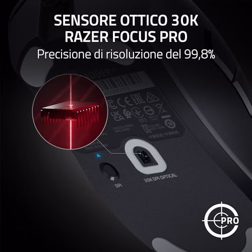 Razer DeathAdder V3 - Mouse da sport ergonomico(design leggero da 59 g,forma ergonomica, sensore da 30K,interruttori ottici per mouse Gen-3,tecnologia HyperPolling da 8000 Hz, cavo Speedflex) Nero