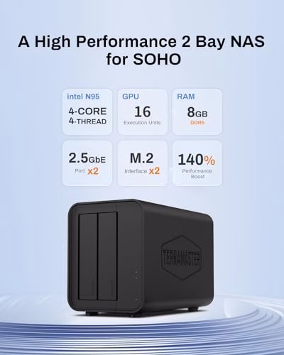 TERRAMASTER F2-424 NAS Storage 2Bay - CPU N95 Quad-Core, 8GB DDR5 RAM, 2.5GbE Port x 2, Network Attached Storage ad Alte Prestazioni (Diskless)