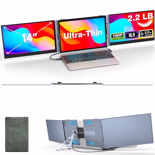 Kwumsy Monitor Portatile Per Laptop 14 Pollici, 0,17" Ultrasottile E Ultraleggero Triplo Schermo PC Portatile, FHD 1080P Portable Monitor, Compatibile Con Laptop Da 13