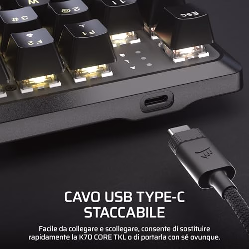 CORSAIR K70 CORE TKL RGB Tastiera da Gioco Meccanica Tenkeyless – Interruttori Lineari CORSAIR MLX Red v2 Pre-Lubrificati – SOCD – Smorzamento del Suono – Coprichiavi in ABS – QWERTY IT – Nero