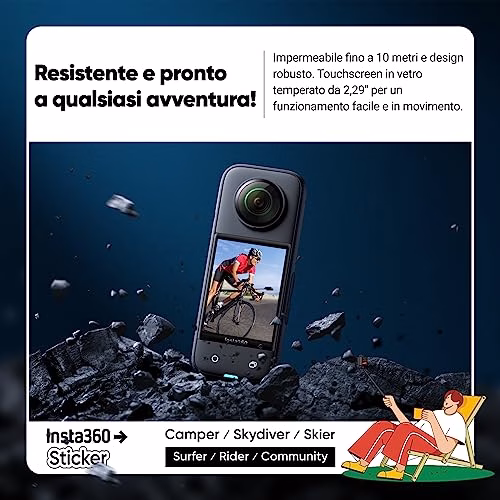 Insta360 X3, Action cam 360 con video HDR Active 360 5.7K, obiettivo singolo 4K, impermeabile, stabilizzazione FlowState, touchscreen da 2,29", editing con IA, per moto, sport invernali e video blog