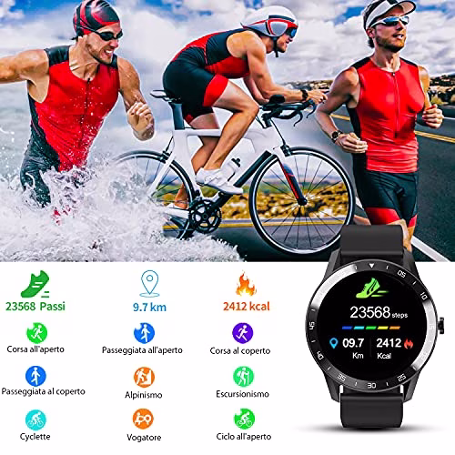 Blackview X1 Smartwatch Uomo Orologio Fitness Impermeabile 5ATM Smart Watch Cardiofrequenzimetro da Polso Contapassi Smartband Activity Tracker Cronometro per Android iOS (2 cinghie) (Nero)