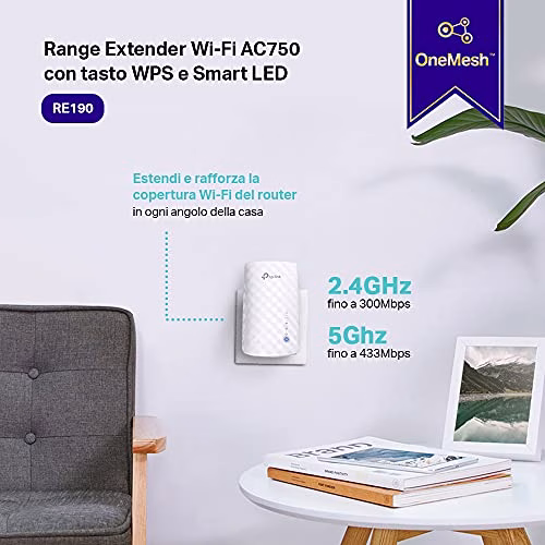 TP-Link RE190 Mesh WiFi Ripetitore Wifi Wireless, Velocità Dual-Band 750 Mbps, Wifi Extender, Amplificatore Wifi, Access Point, Tecnologia TP-Link Onemesh, Compatibile con Modem Fibra e ADSL