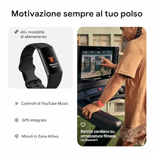 Fitbit by Google Charge 6 Activity tracker con abbonamento Premium di 6 mesi incluso, 7 giorni di durata della batteria, Google Wallet e Google Maps - Ossidiana / Alluminio nero
