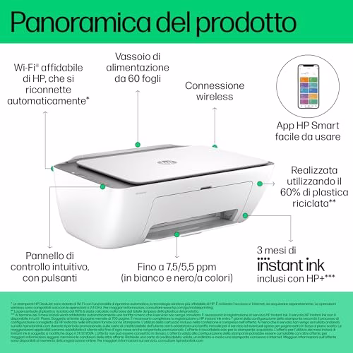 HP DeskJet 2820e 588K9B, Stampante Multifunzione a Getto d'Inchiostro A4 a Colori, Fronte e Retro Manuale, 7,5 ppm, Wi-Fi, HP Smart, 3 Mesi di Inchiostro Instant Ink Inclusi, Bianca