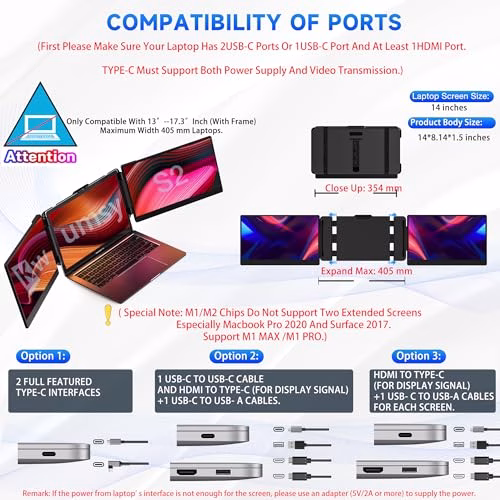 Kwumsy Monitor Portatile Triplo per Laptop-14 Pollici 1080P Monitor Portatile Schermo Doppio, HDMI/USB-A/Type-C Plug and Play Compatible con 13"-17" Larghezza Massima 405mm Laptop For Wins/Mac/Dex.