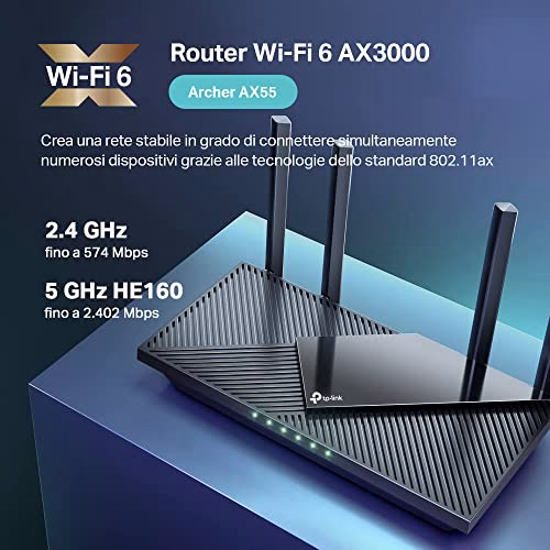TP-Link Archer AX55 Router WiFi 6 Dual-Band AX3000Mbps, 5 Porte Gigabit, 1 Porta USB 3.0, TP-Link HomeShield, OneMesh, Router F (FTTH | FTTB | Ethernet), Tether App, Compatibile con Alexa