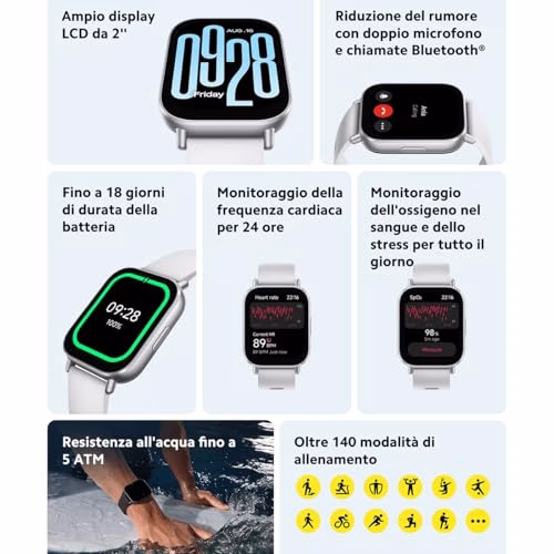 Xiaomi Redmi Watch 5 Active, Smartwatch con display LCD 2", Chiamate Bluetooth, Autonomia 18 giorni, Resistenza Acqua 5ATM, Monitoraggio Frequenza Cardiaca e SpO2, 140+ modalità Fitness, Nero