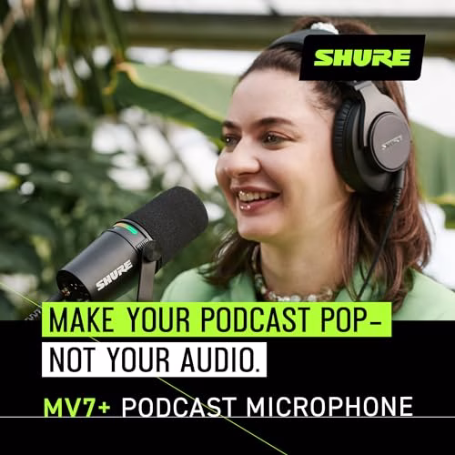 Shure MV7+ Microfono per Podcast-Audio avanzato, pannello a sfioramento a LED, uscite USB-C e XLR, modalità livello automatico, filtro pop digitale, effetti di riverbero, podcasting, streaming - Nero