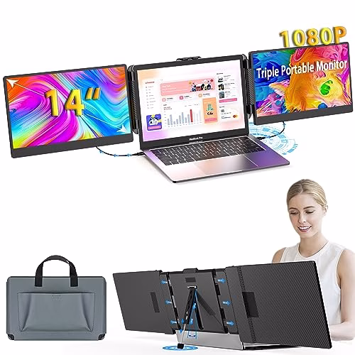 Kwumsy Monitor Portatile Triplo per Laptop-14 Pollici 1080P Monitor Portatile Schermo Doppio, HDMI/USB-A/Type-C Plug and Play Compatible con 13"-17" Larghezza Massima 405mm Laptop For Wins/Mac/Dex.
