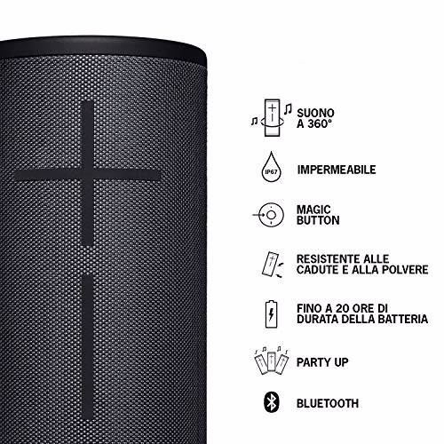 Ultimate Ears Megaboom 3 Altoparlante Wireless Bluetooth Portatile, Magic Button, Bassi Profondi‎, Impermeabile, Controllo Musica One Touch, Multidispositivo, Batteria di 20 h, Nero (Night Black)