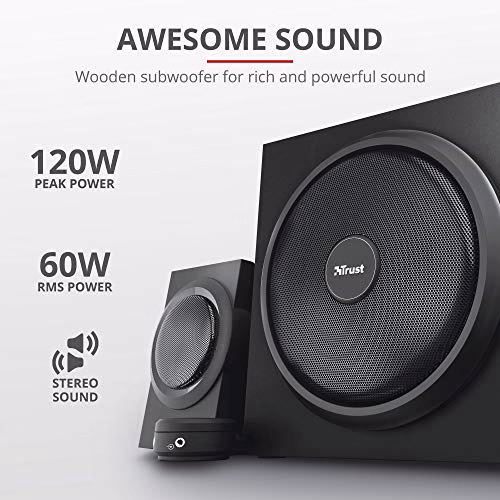 Trust Yuri Set di Altoparlanti 2.1 con Subwoofer, Casse per PC, Potenza di Picco di 120 W, Subwoofer in Legno con Potente Driver da 5.25 pollice, PC/Laptop/Tablet/Smartphone