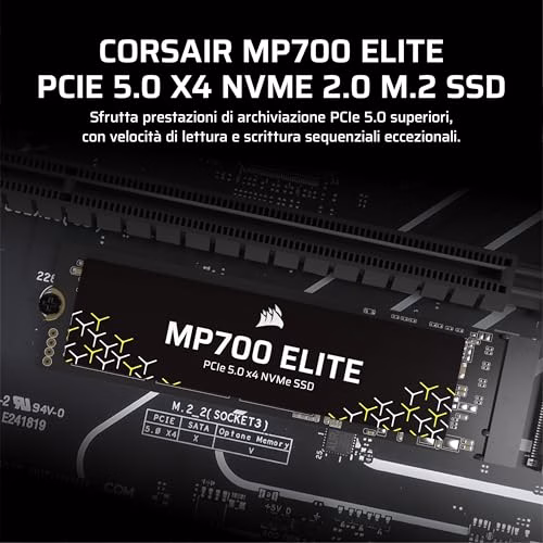 CORSAIR MP700 ELITE 2TB PCIe 5.0 x4 NVMe M.2 SSD – Fino a 10,000MB/sec – Alta Densità 3D TLC NAND – M.2 2280 - Compatibile con DirectStorage – Nero