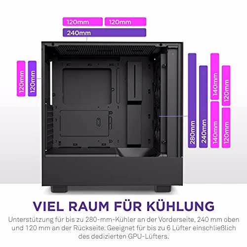 NZXT H5 Flow - CC-H51FB-01 - Case ATX compatto Mid-Tower - Pannello frontale perforato – Pannello laterale in vetro temperato – 2 ventole da 120 mm incluse – Supporta radiatori da 280 mm – Nero