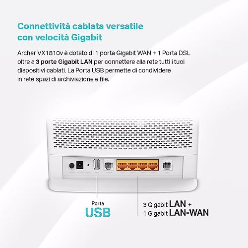 TP-Link Archer VX1810v Modem Router VDSL/ADSL, AX1800Mbps Dual Band WiFi 6, Profilo VDSL2 35b, VoIP, 4 Porte Gigabit, Porta DSL, FXS, Compatibile con VDSL2/ADSL2+/ADSL2/ADSL, Porta USB