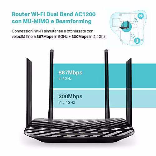 TP-Link Archer C6 Gigabit Router Wi-Fi Dual Band AC1200 Wireless, 5 Porte Gigabit, 4 Antenne Esterne e 1 Antenna Interna, 2.4GHz/5GHz, Modalità Access Point, MU-MIMO, Rete Ospite, Nero