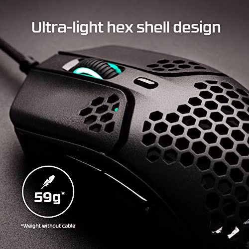 HyperX Pulsefire Haste – Mouse per il gaming – Ultraleggero, 59g, Struttura a nido d'ape, Design esagonale, Cavo HyperFlex, Fino a 16000 DPI, 6 Pulsanti programmabili
