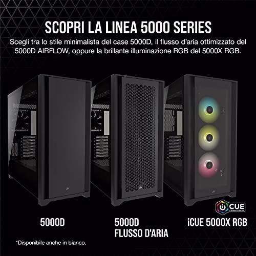 Corsair iCUE 5000X RGB Case ATX Mid-Tower, Quattro Pannelli in Vetro Temperato, Sistema di Gestione dei cavi Corsair RapidRoute, Tre Ventole RGB da 120 mm Incluse, Nero