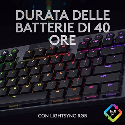 Logitech G915 LIGHTSPEED TKL Tastiera Gaming Wireless Meccanica Tenkeyless, Profilo Ribassato, GL-Tactile Switches, LIGHTSYNC RGB, +40 ore durata batteria, Italiano QWERTY - Nero