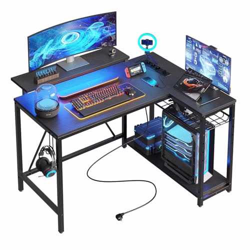 Bestier Scrivania a Forma di L con Prese di Corrente e Luci a LED Scrivania ad Angolo con Ripiani Scrivania per Computer Reversibile con Ganci per Casa Ufficio Camera da Letto Piccolo Spazio 106,5 cm
