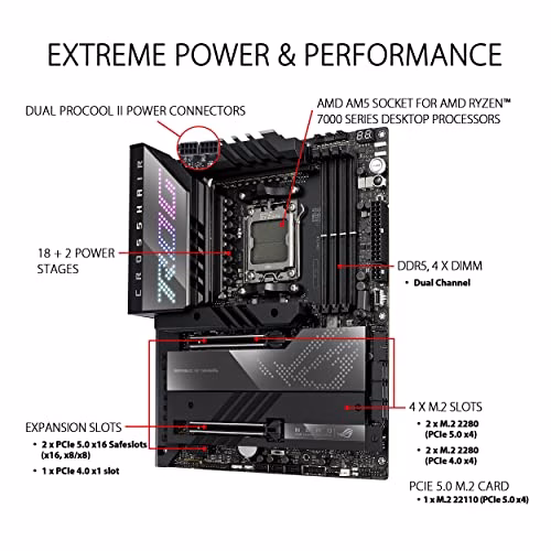 ASUS ROG CROSSHAIR X670E HERO, Scheda Madre Gaming ATX, AMD X670, AMD AM5, DDR5, PCI 5.0, Intel 2.5Gb Ethernet, WiFi 6E (802.11ax), ROG SupremeFX 7.1 Surround, 5xM.2, 6xSATA 6GB/s, Aura Sync RGB, Nero