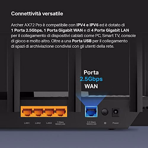 TP-Link Archer AX72 Pro Router AX5400Mbps Wi-Fi 6, 2.5G Porta WAN/LAN, Larghezza di Banda 160MHz, USB 3.0, Streaming 8K, Ampia Copertura, Client e Server VPN, TP-Link HomeShield, MU-MIMO, OFDMA