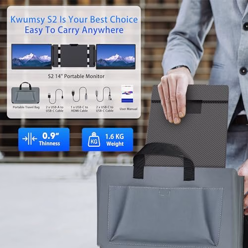Kwumsy Monitor Portatile Triplo per Laptop-14 Pollici 1080P Monitor Portatile Schermo Doppio, HDMI/USB-A/Type-C Plug and Play Compatible con 13"-17" Larghezza Massima 405mm Laptop For Wins/Mac/Dex.