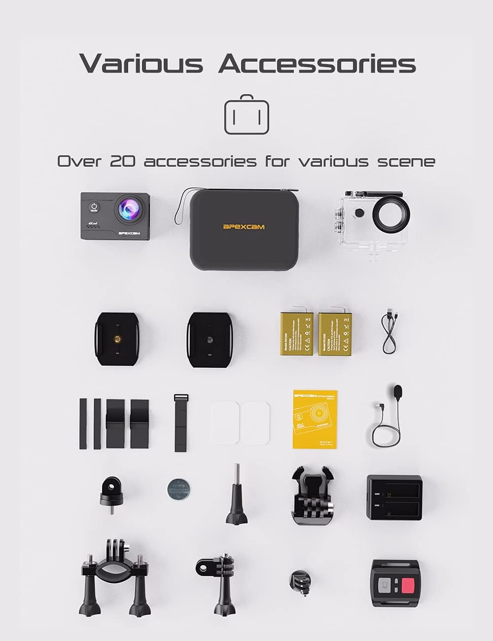 Apexcam 4K WiFi 20MP Action Cam Ultra HD Sports Cam Impermeabile Sott’acqua 40M 2'' Action Camera 2.4G Telecomando 170° Grandangolare con 2x1050mAh Batterie e Kits di Accessori