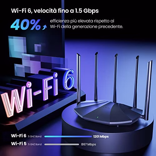 Tenda RX2 Pro AX1500 Router Wi-Fi 6 Dual Band Gigabit, 1201Mbps/5GHz e 300Mbps/2.4GHz, 4 Porte Gigabit, 5x6dBi Antenne, Beamforming/MU-MIMO/WPA3