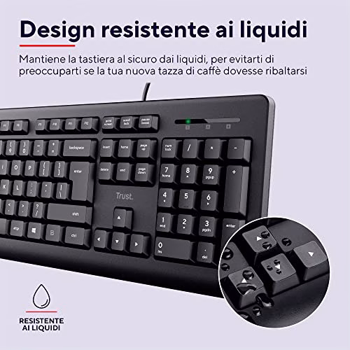 Trust Taro Tastiera USB Cablata, Layout Italiano QWERTY, Tastiera PC con Filo per Computer/Laptop/Notebook, Mac/Windows, Cavo di 1.8 Metri, Resistente ai Liquidi, Ergonomico - Nero