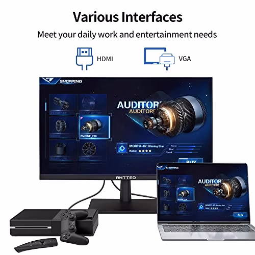 Antteq Monitor da 24 pollici Full HD 1080P, 75Hz VA Monitor Angolo di visione di 178° 16,7 milioni di colori con filtro luce blu HDMI VGA senza sfarfallio, LED con cornice ultra sottile, nero