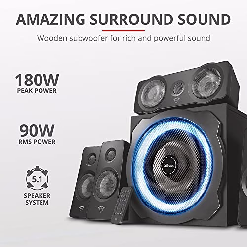 Trust Tytan Gaming GXT 658 Sistema Set di Altoparlanti Surround 5.1, con Subwoofer Illuminato LED Blu, Potenza Totale di 180 Watt, Nero