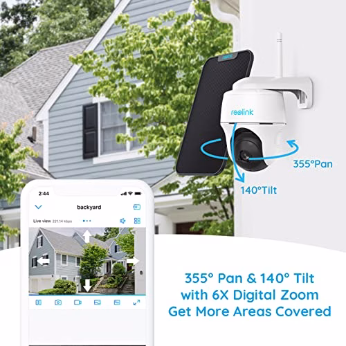 Reolink Telecamera Wi-Fi Esterno a Batteria con 355°/140° Pan & Tilt, Videosorveglianza Solare Senza Fili, 1080p Visione Notturna Starlight Impermeabile Rilevamento PIR, Argus PT con Pannello Solare