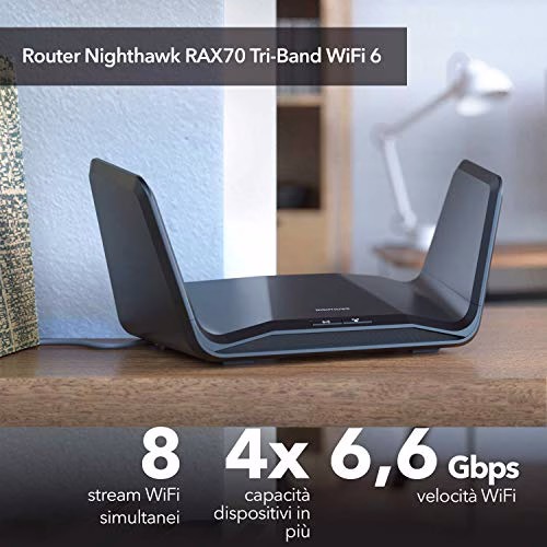 NETGEAR Nighthawk AX8 Router WiFi 6 RAX70, 8 Flussi simultanei con velocità AX6600 TriBand (fino a 1,8 Gbps), Copertura 175 m²