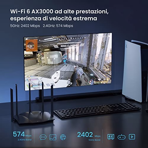 Tenda RX12 Pro Router WiFi 6 - Dual Band AX3000Mbps, 4 Porte Gigabit, 5x6dBi Antenne, CPU Quad-Core 1.7GHz, WiFi+, Larghezza di banda 160MHz, Mu-MIMO/OFDMA/VPN/WPA3/IPV6/TWT/APP